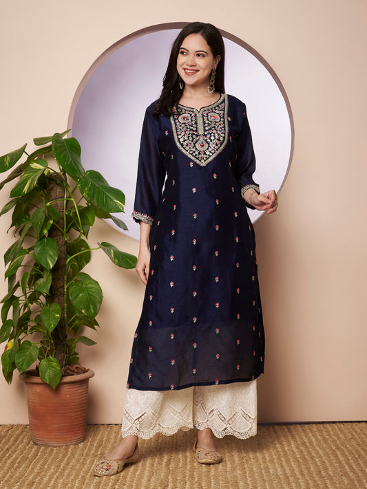 Blue Sweetheart-Neck Embroidered Silk Kurta