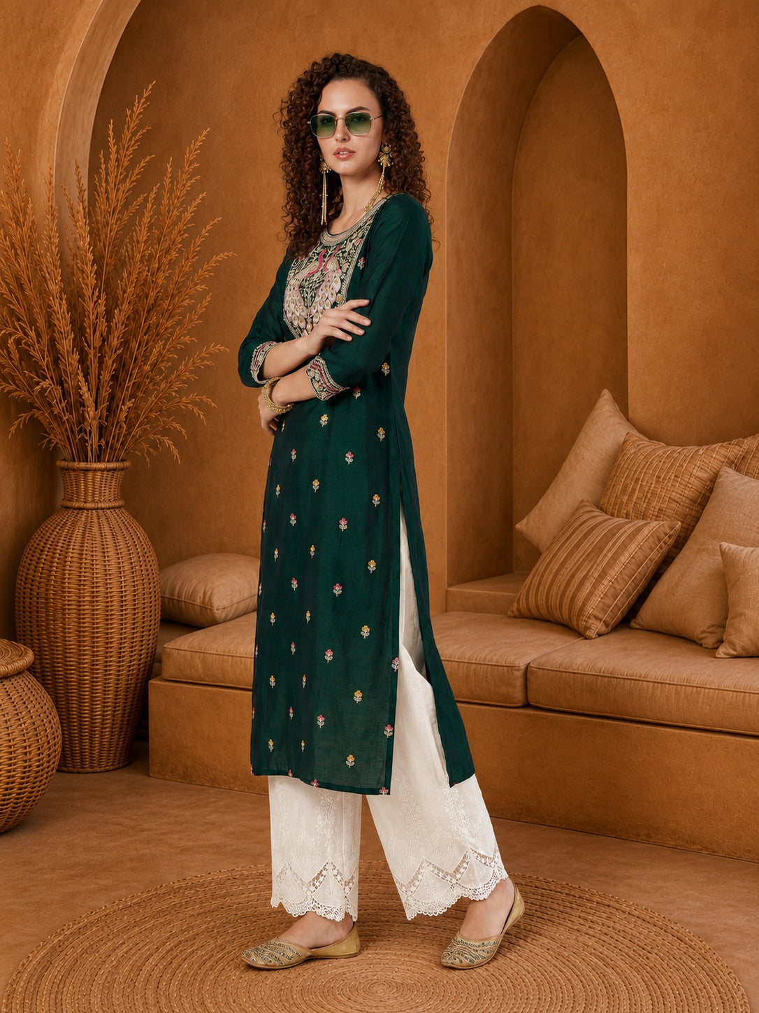 Dark Green Twin Peacock Zari Embroidered Silk Kurta