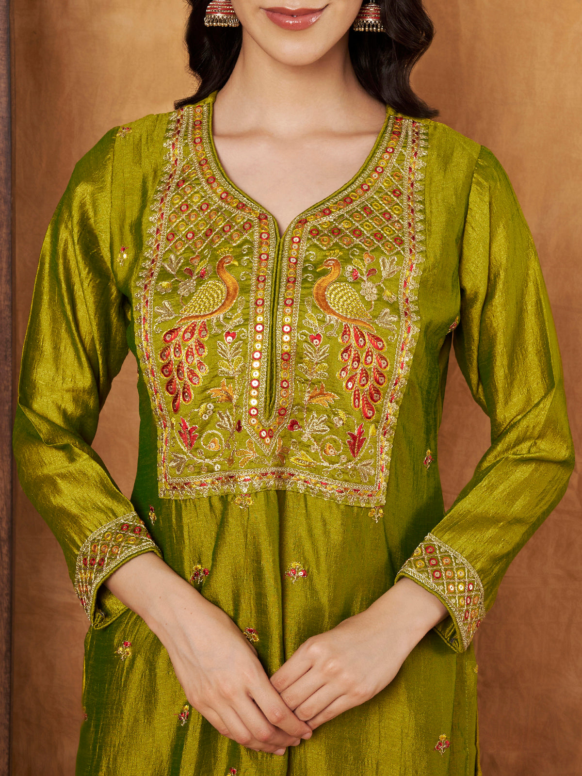 Green Embroidered Full-Sleeve Silk Kurta (Style 605)