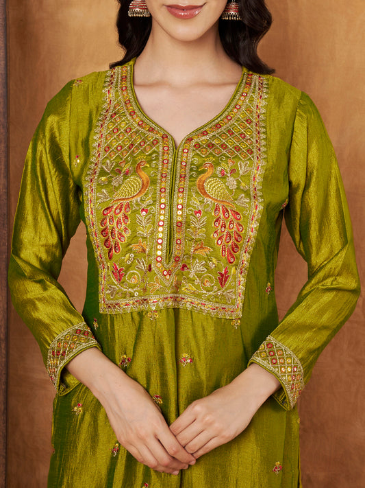 Green Embroidered Full-Sleeve Silk Kurta (Style 605)
