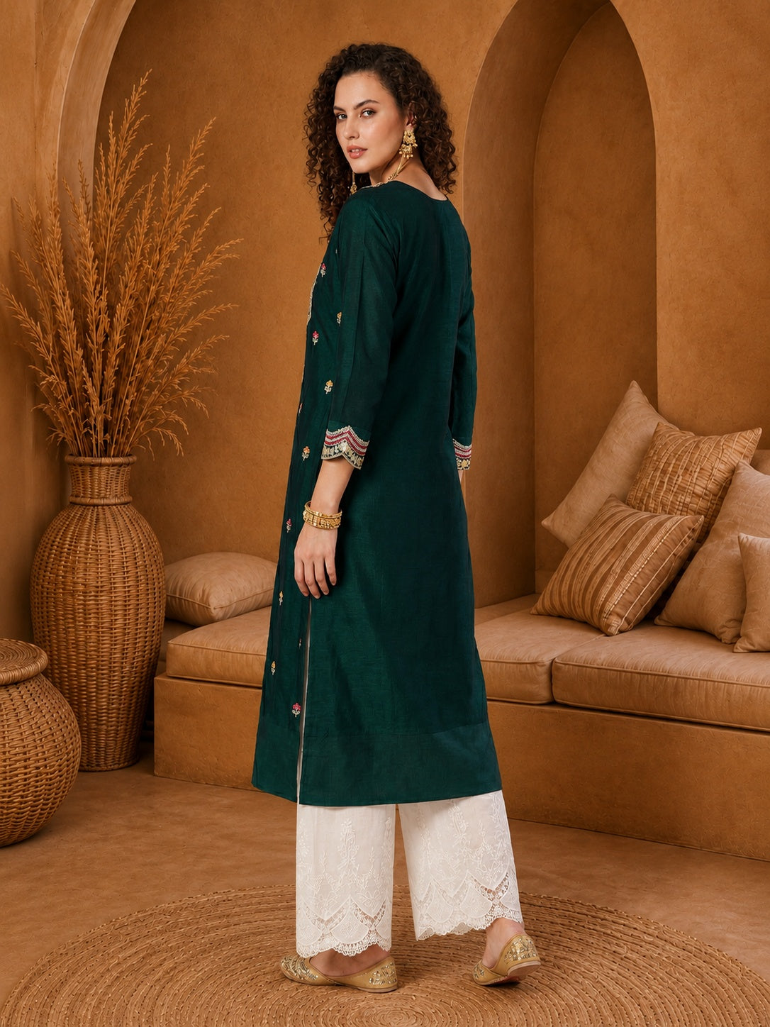 Dark Green Twin Peacock Zari Embroidered Silk Kurta