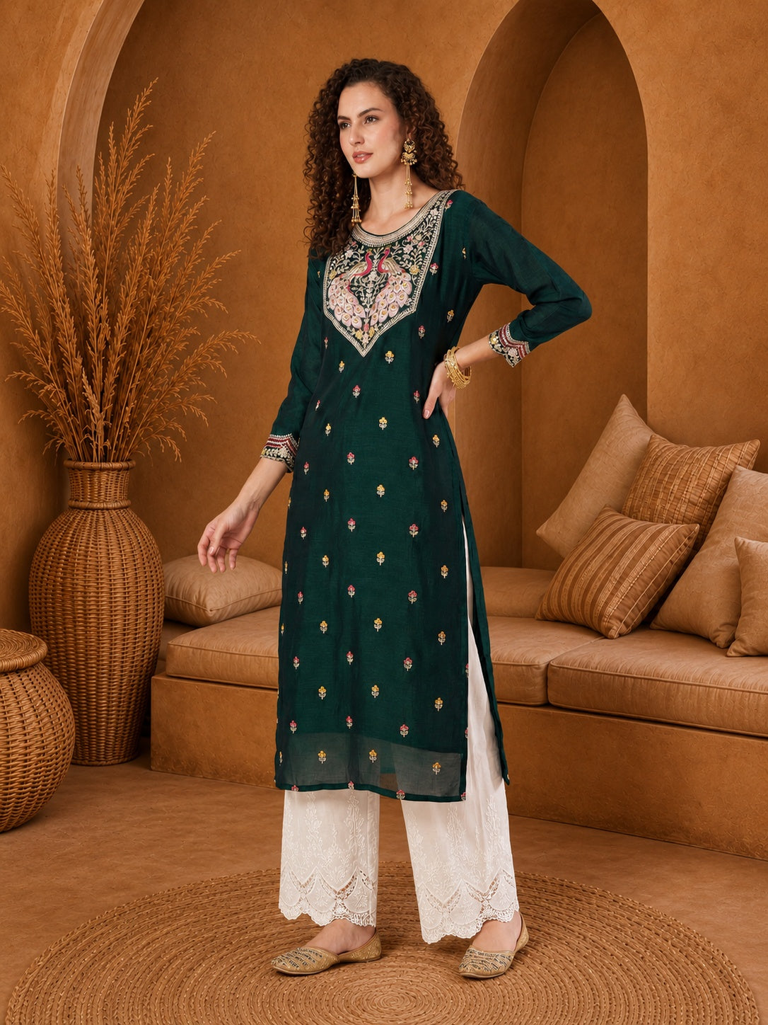 Dark Green Twin Peacock Zari Embroidered Silk Kurta