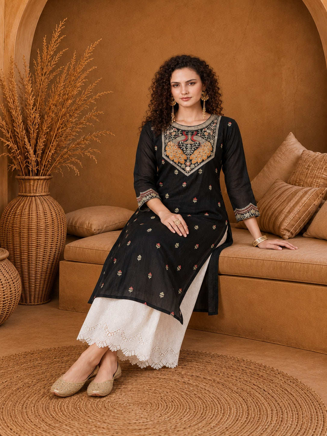 Black Twin Peacock Zari Embroidered Silk Kurta