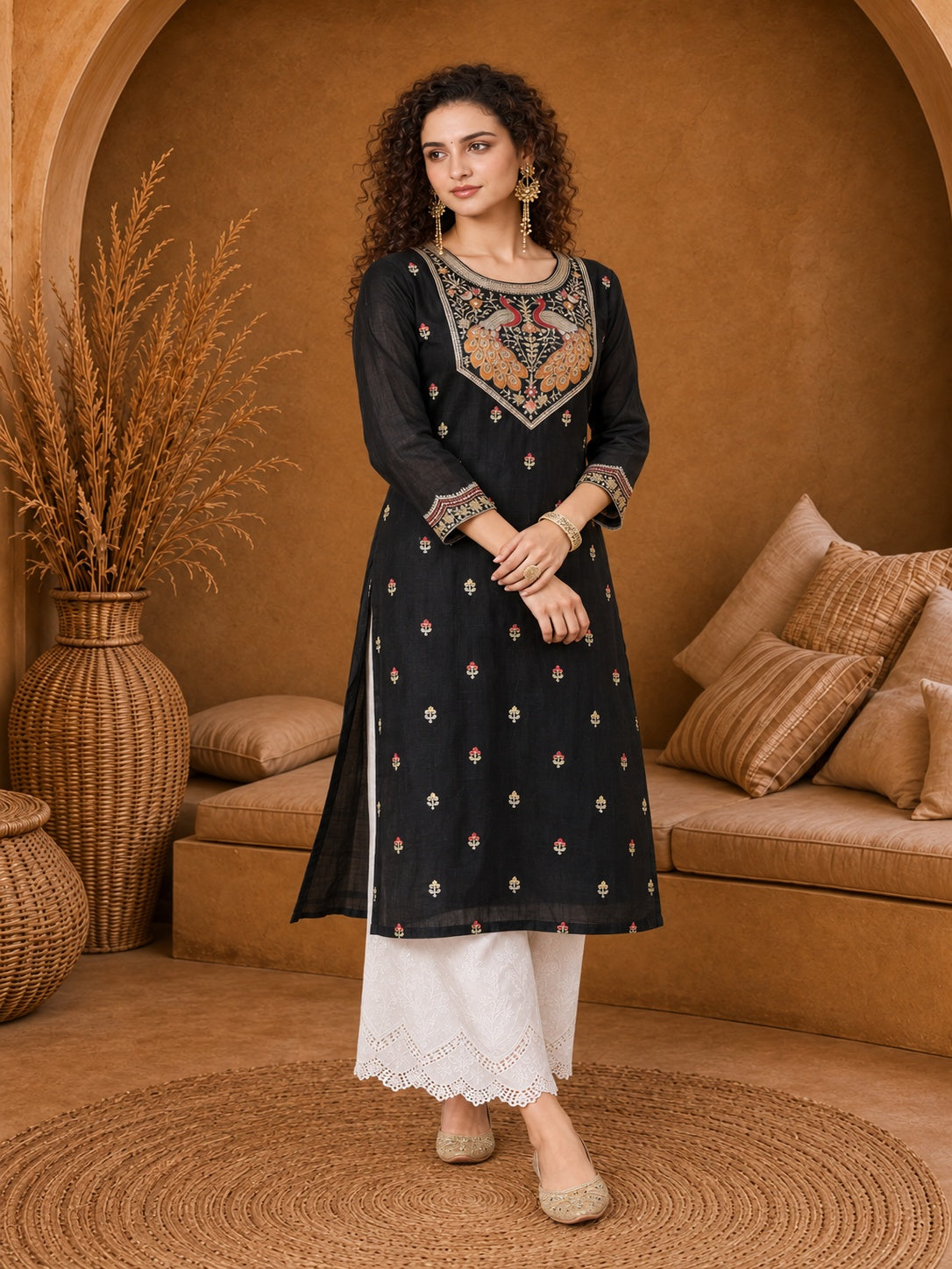 Black Twin Peacock Zari Embroidered Silk Kurta