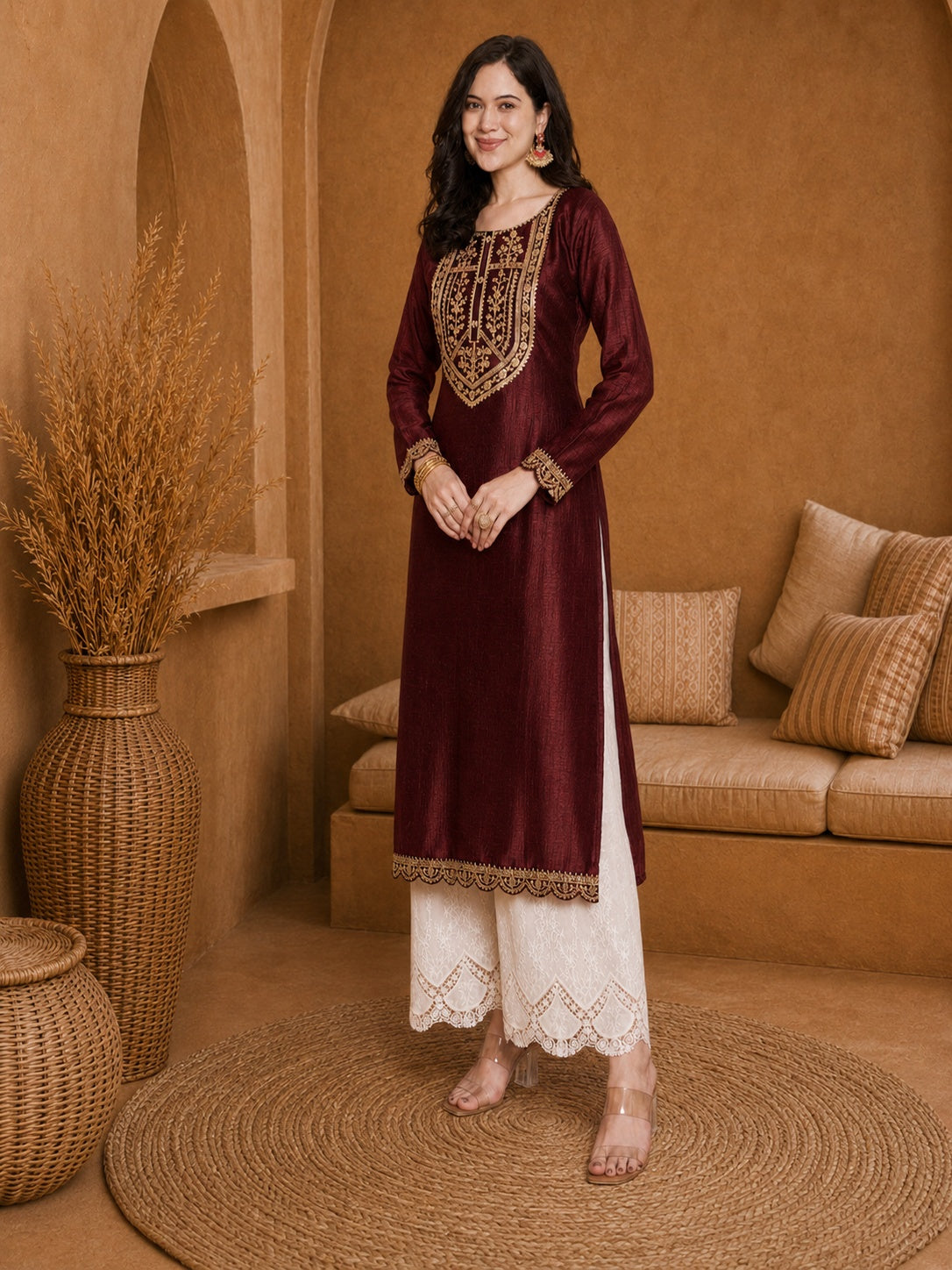Marron-Yoke Full-Sleeve Vichitra Silk Kurta