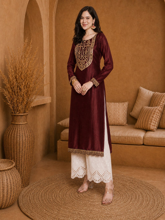 Marron-Yoke Full-Sleeve Vichitra Silk Kurta