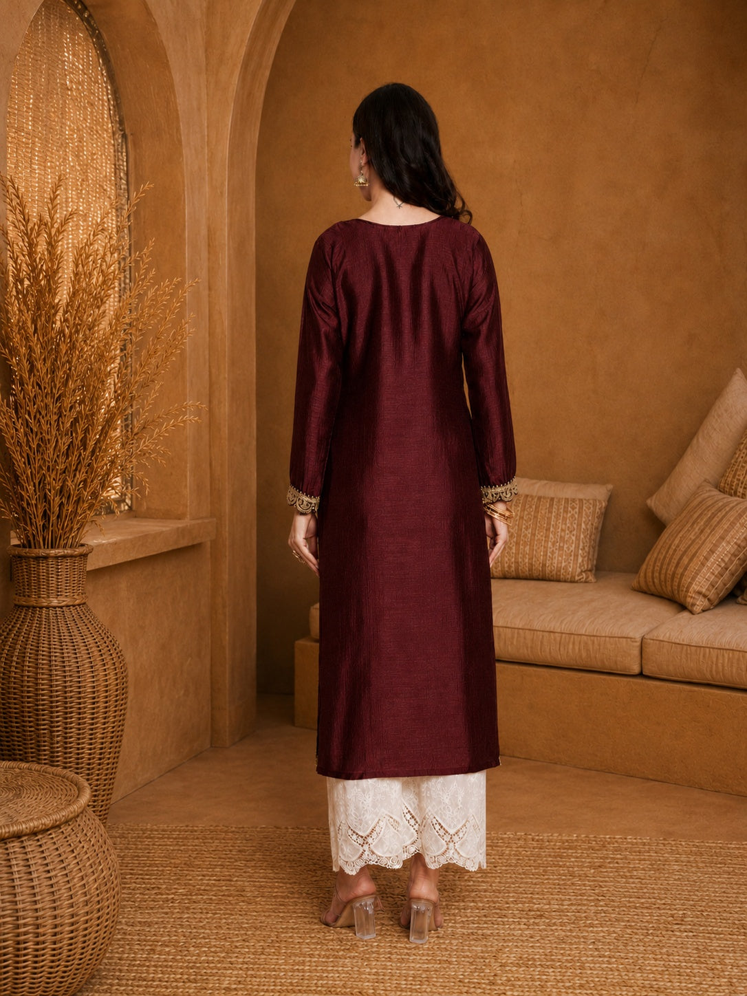 Marron-Yoke Full-Sleeve Vichitra Silk Kurta