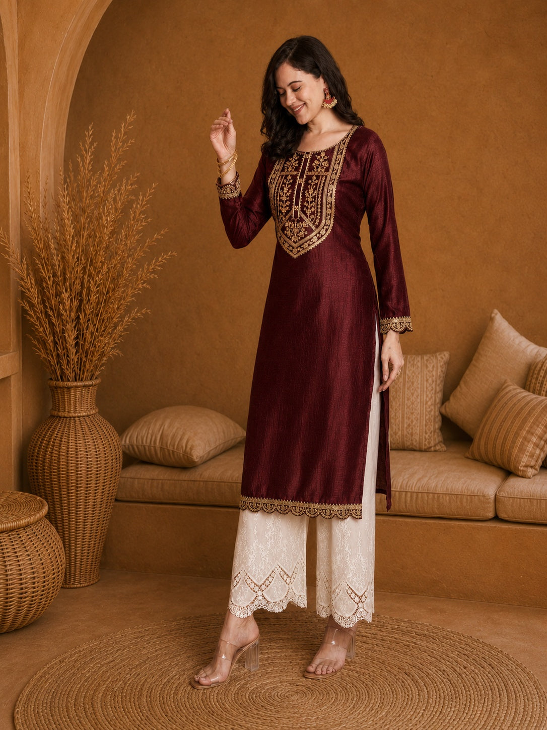 Marron-Yoke Full-Sleeve Vichitra Silk Kurta