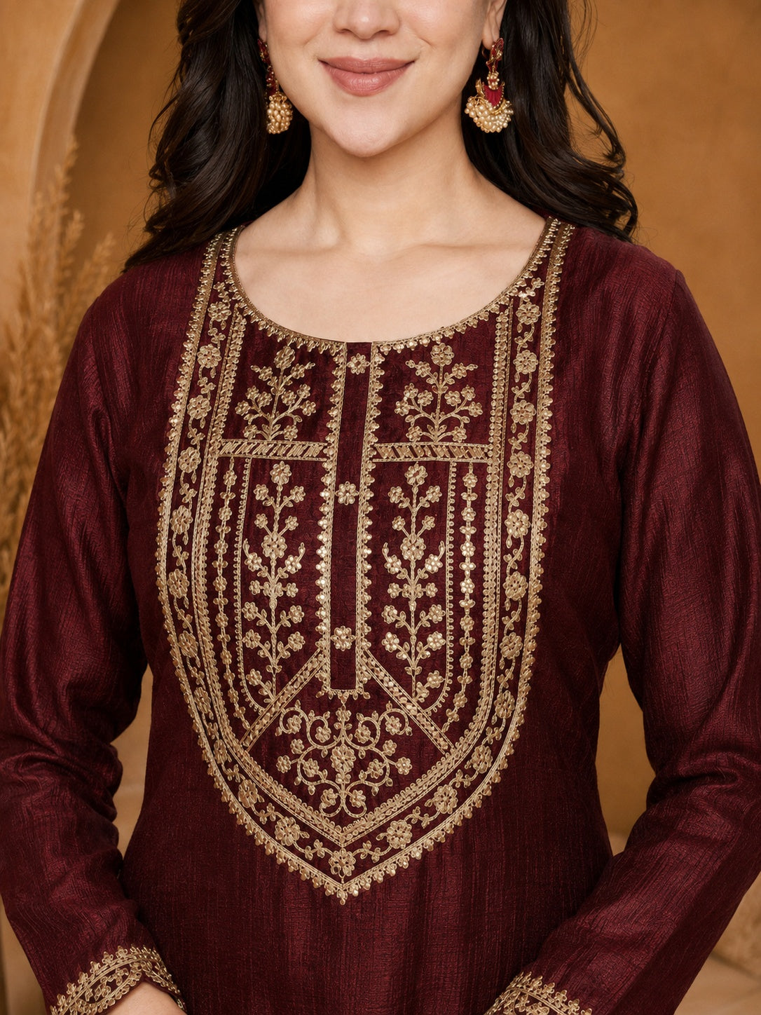 Marron-Yoke Full-Sleeve Vichitra Silk Kurta