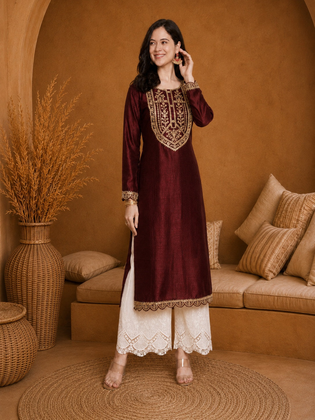 Marron-Yoke Full-Sleeve Vichitra Silk Kurta