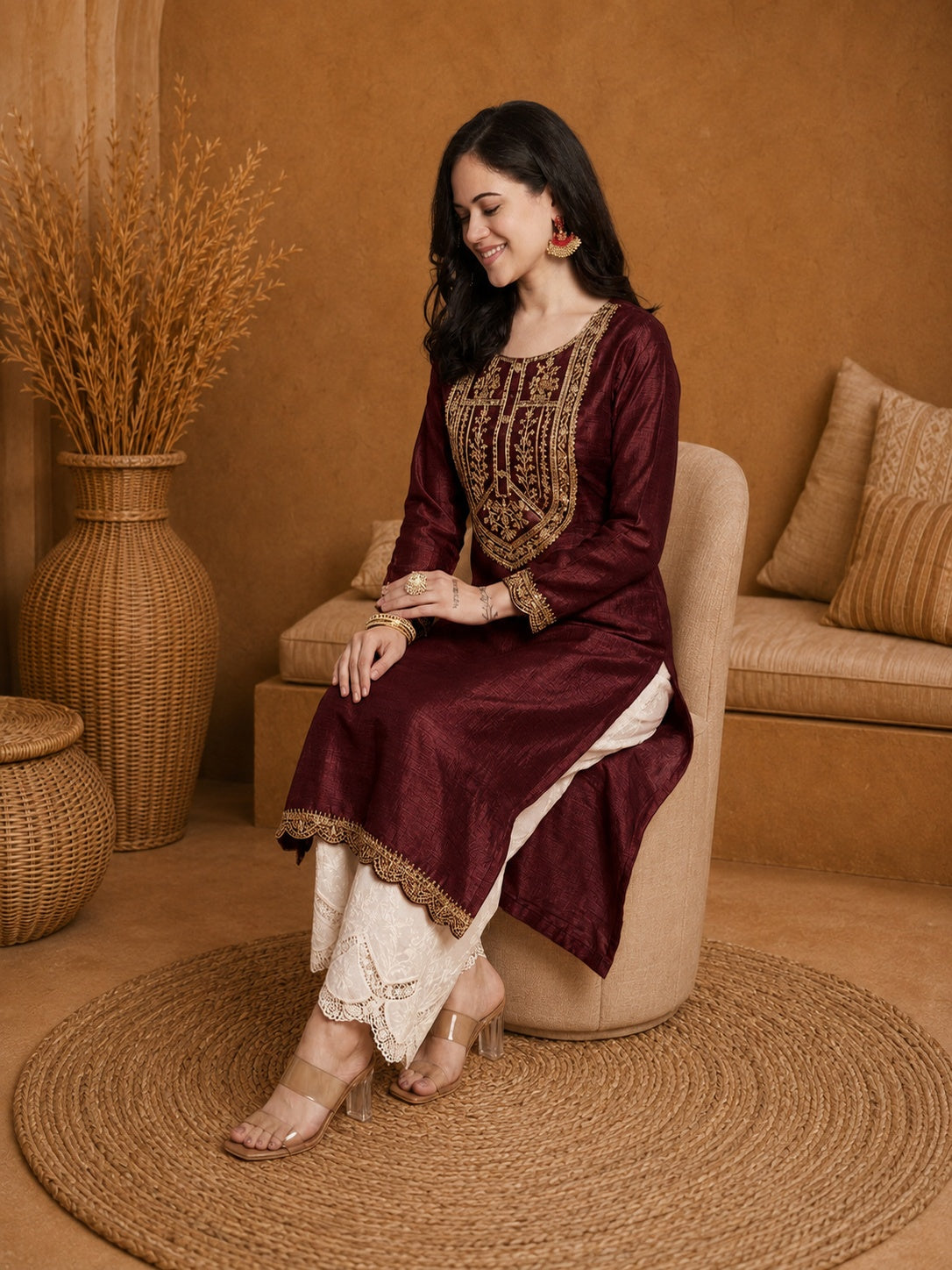 Marron-Yoke Full-Sleeve Vichitra Silk Kurta
