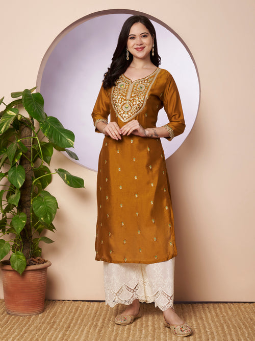 Mustard Sweetheart-Neck Embroidered Silk Kurta