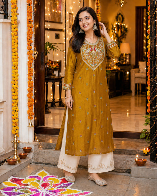 Mustard Peacock-Motif Embroidered Vichitra Silk Kurta