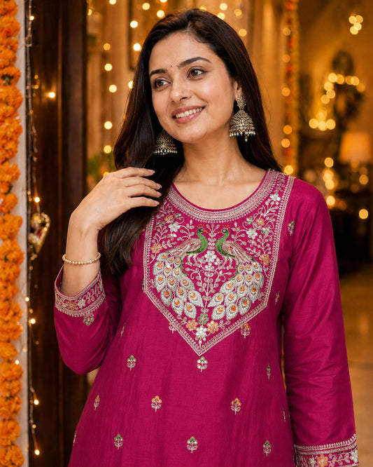 Peacock-Motif Embroidered Vichitra Silk Kurta