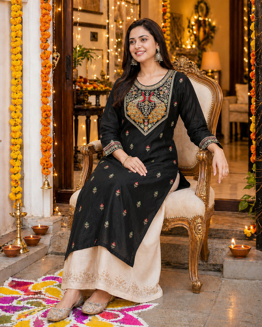 Black Peacock-Motif Embroidered Vichitra Silk Kurta