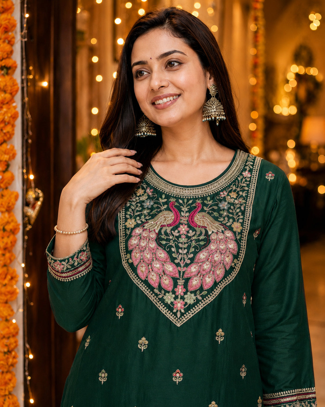 Dark Green Peacock-Motif Embroidered Vichitra Silk Kurta