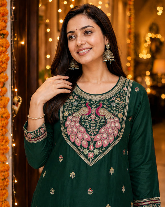 Dark Green Peacock-Motif Embroidered Vichitra Silk Kurta