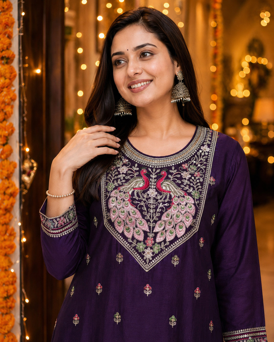 Purple Peacock-Motif Embroidered Vichitra Silk Kurta