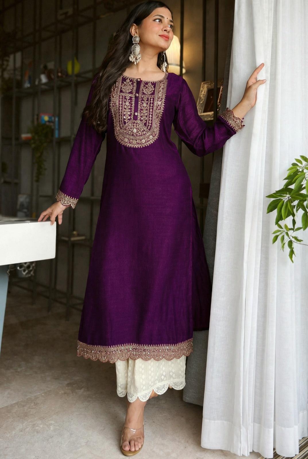 Purple Button-Yoke Vichitra Silk Kurta