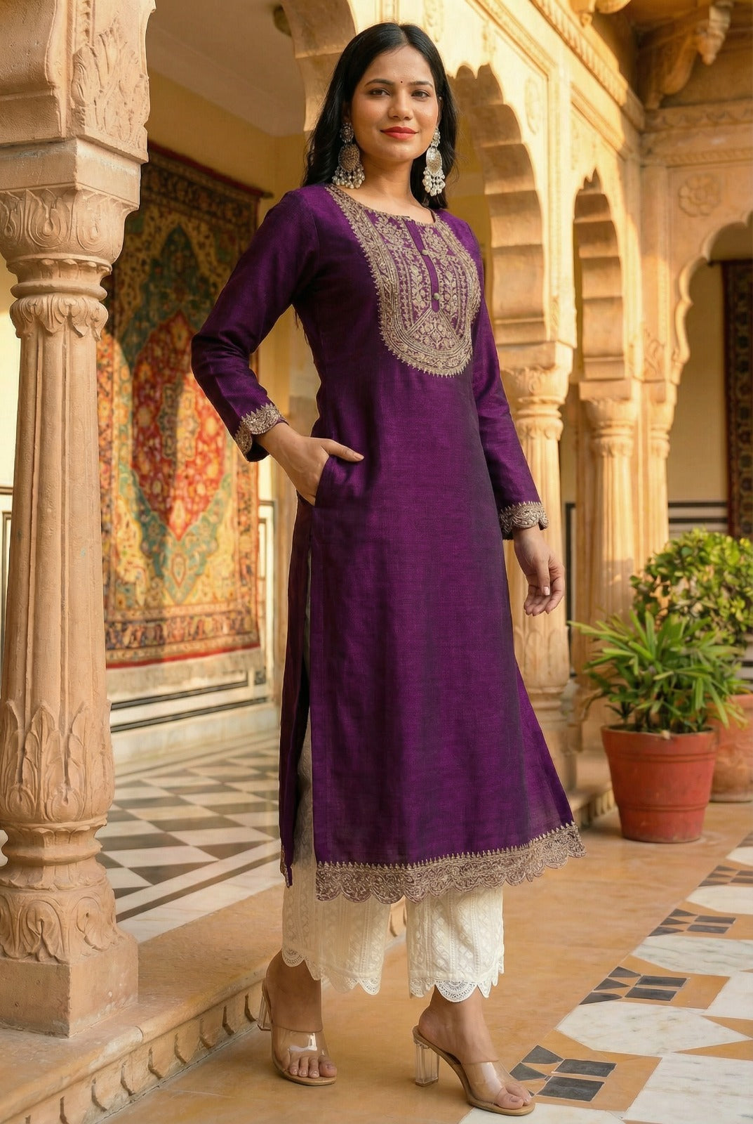 Purple Button-Yoke Vichitra Silk Kurta