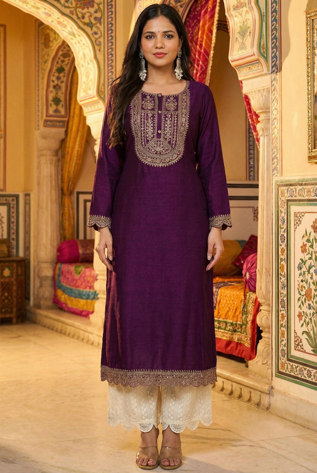 Purple Button-Yoke Vichitra Silk Kurta