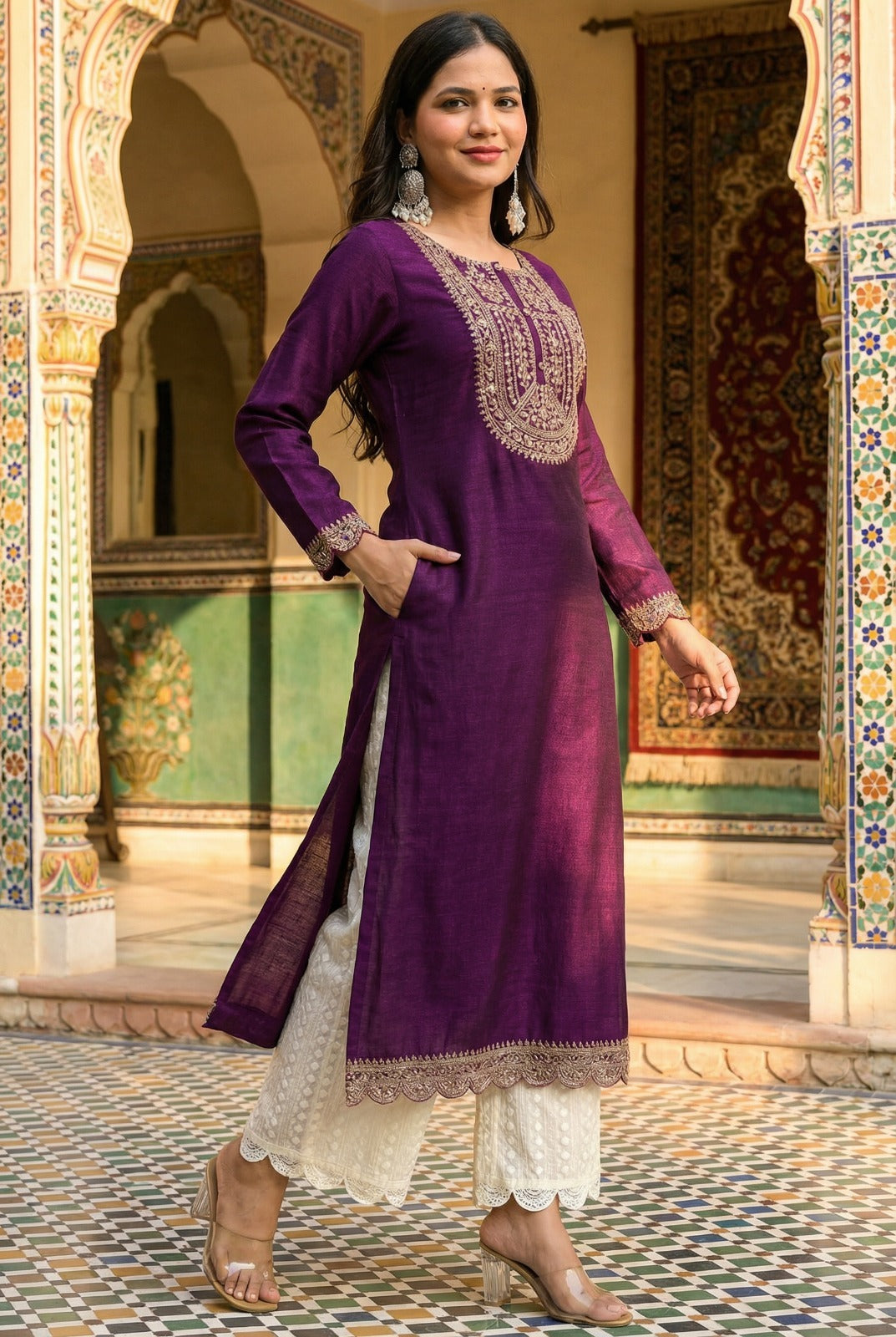 Purple Button-Yoke Vichitra Silk Kurta