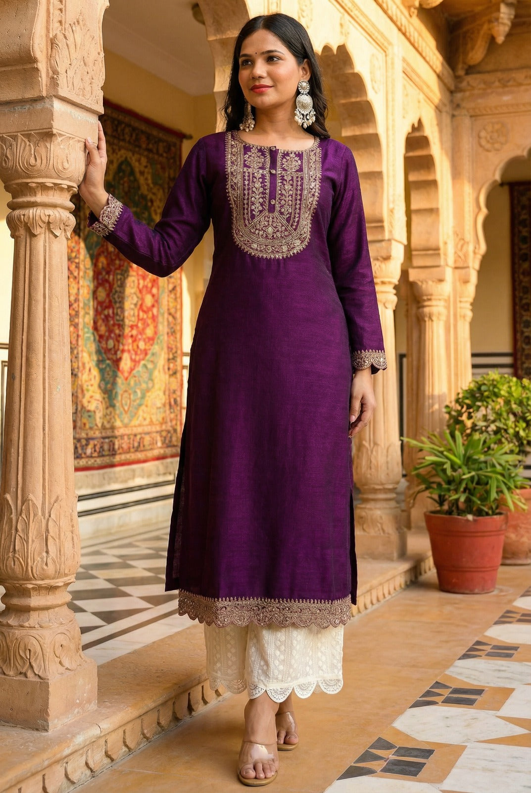 Purple Button-Yoke Vichitra Silk Kurta
