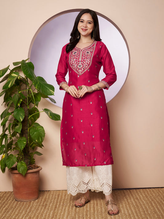 Rani Sweetheart-Neck Embroidered Silk Kurta