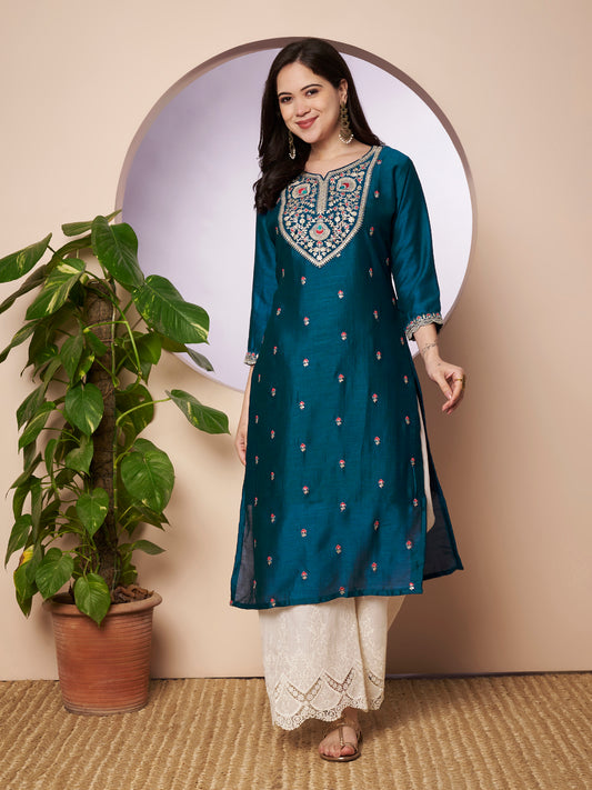 Sweetheart-Neck Embroidered Silk Kurta